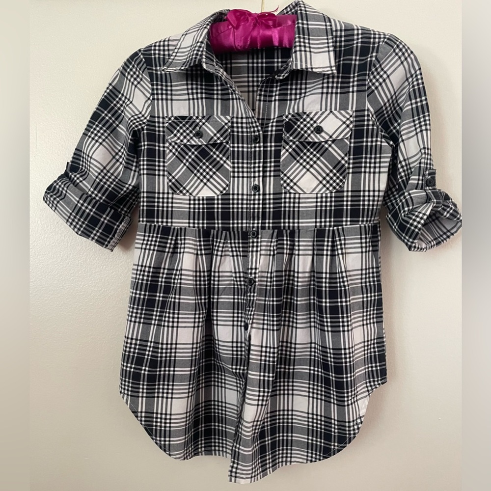 American Living Ralph Lauren Girls Black and White Plaid Tunic Blouse Medium